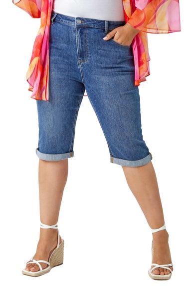 Roman Blue Curve Stretch Knee Length Denim Shorts