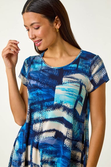 Roman Blue Abstract Print Stretch Tunic Top