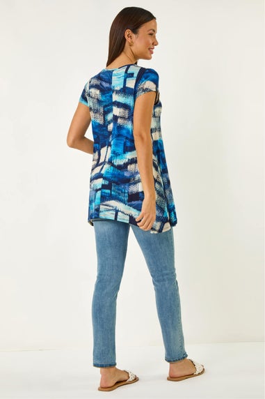 Roman Blue Abstract Print Stretch Tunic Top