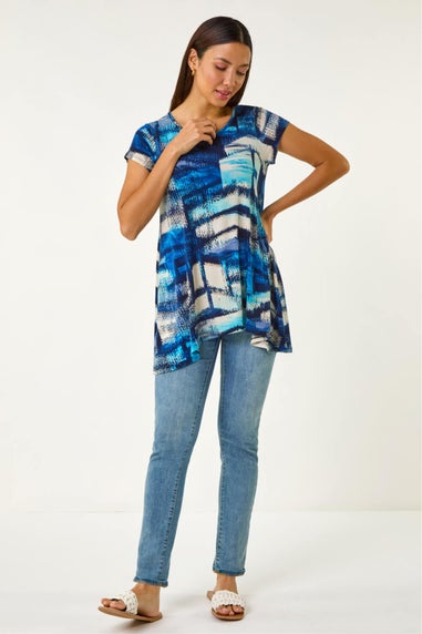 Roman Blue Abstract Print Stretch Tunic Top