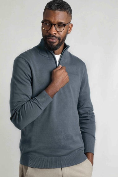 Weird Fish Grey/Blue Baxter Fine Knit 1/4 Zip Jumper