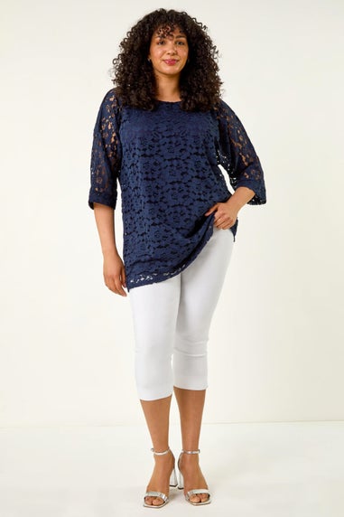 Roman Navy Curve Lace Front Stretch Top
