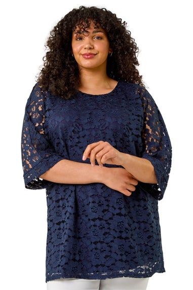 Roman Navy Curve Lace Front Stretch Top