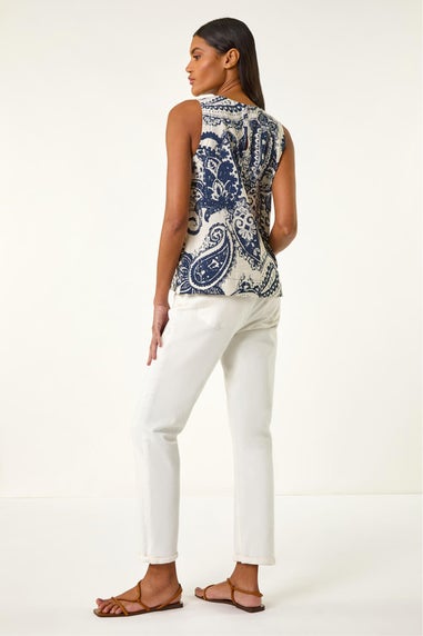 Roman Navy Paisley Print Shell Top