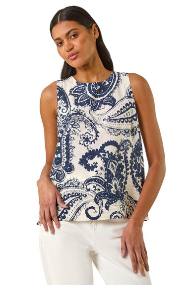 Roman Navy Paisley Print Shell Top