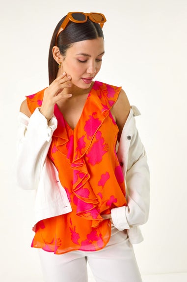 Roman Orange Tropical Print Ruffle Vest Top