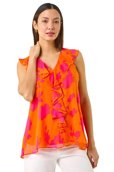 Roman Orange Tropical Print Ruffle Vest Top