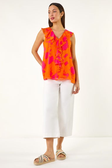 Roman Orange Tropical Print Ruffle Vest Top