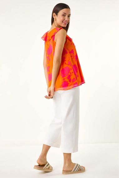 Roman Orange Tropical Print Ruffle Vest Top