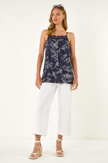 Roman Navy Geometric Lace Trim Cami Top