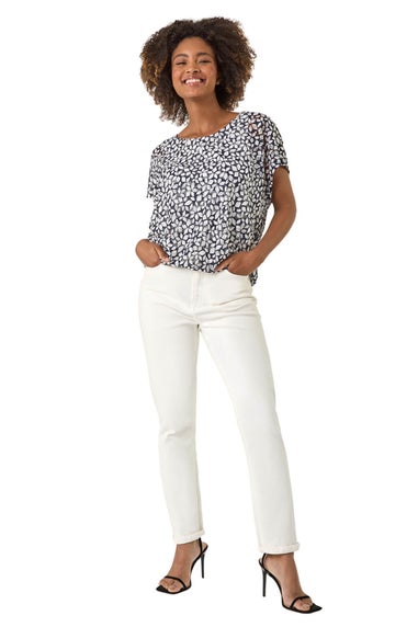 Roman Navy Printed Lace Bubble Hem Top