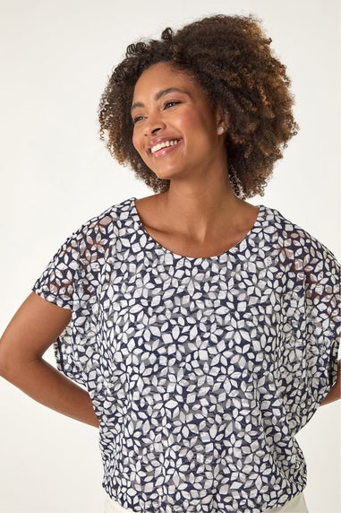 Roman Navy Printed Lace Bubble Hem Top