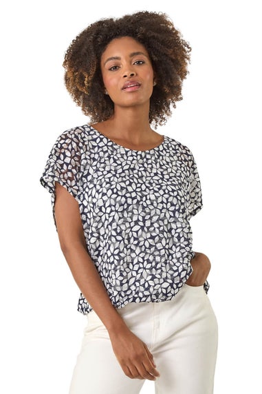 Roman Navy Printed Lace Bubble Hem Top