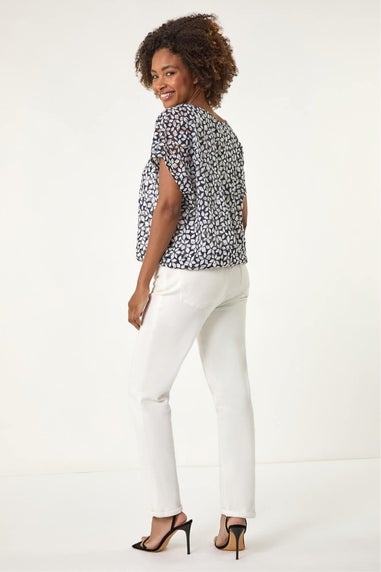 Roman Navy Printed Lace Bubble Hem Top