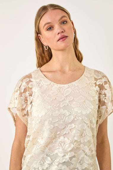 Roman Ivory Floral Lace Overlay Stretch Top