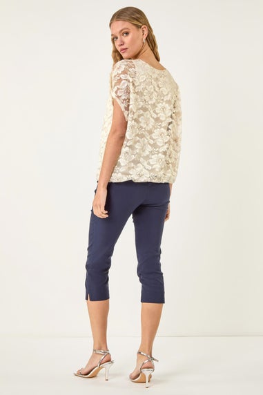 Roman Ivory Floral Lace Overlay Stretch Top