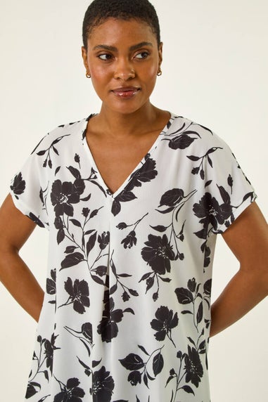 Roman Black Mono Floral Print Pleat Front Top