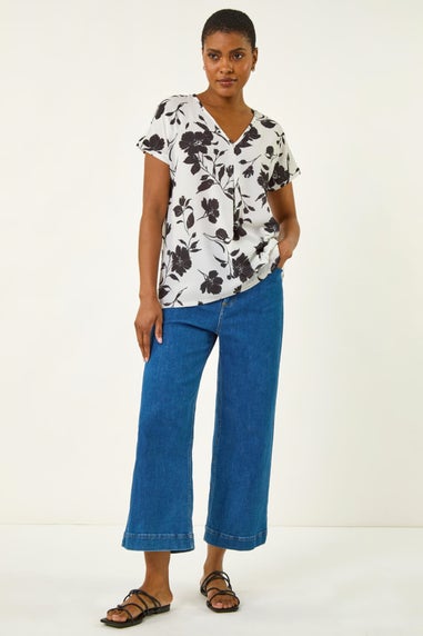 Roman Black Mono Floral Print Pleat Front Top