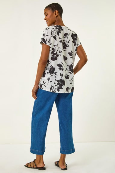 Roman Black Mono Floral Print Pleat Front Top
