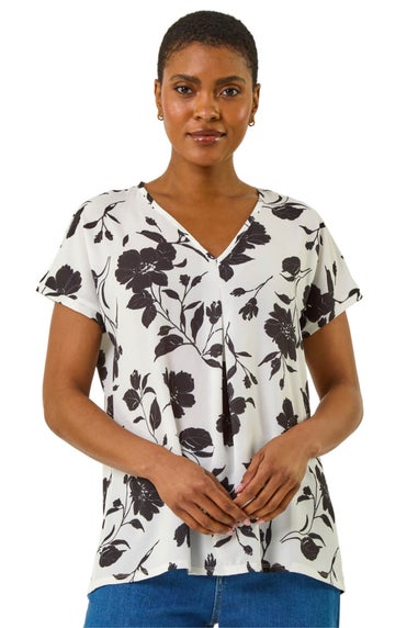 Roman Black Mono Floral Print Pleat Front Top
