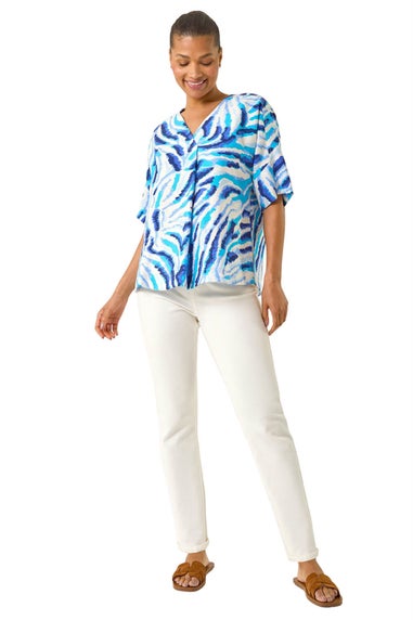 Roman Blue Animal Print Pleated Tunic Top