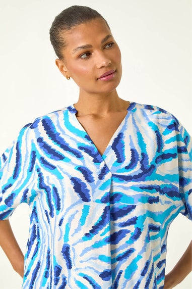 Roman Blue Animal Print Pleated Tunic Top