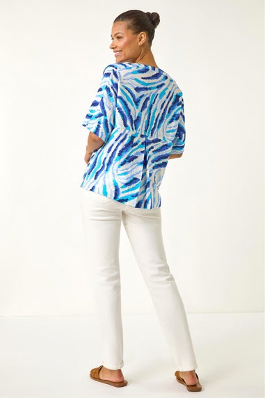 Roman Blue Animal Print Pleated Tunic Top