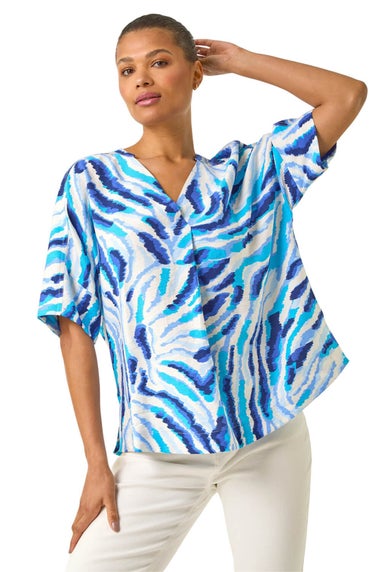 Roman Blue Animal Print Pleated Tunic Top