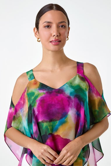 Roman Forest Abstract Print Cold Shoulder Overlay Top