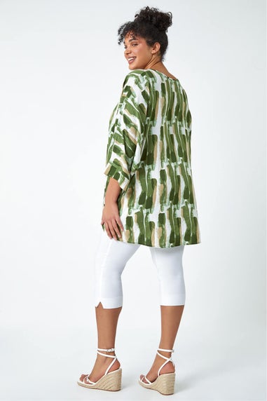 Roman Green Curve Dipped Hem Abstract Print Top