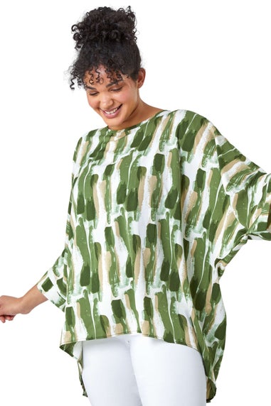 Roman Green Curve Dipped Hem Abstract Print Top