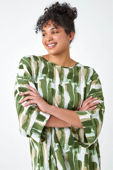 Roman Green Curve Dipped Hem Abstract Print Top