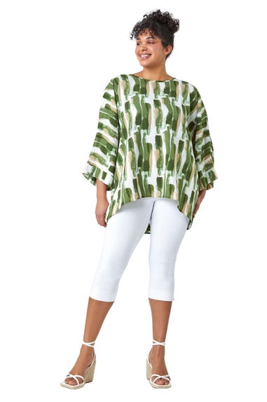Roman Green Curve Dipped Hem Abstract Print Top