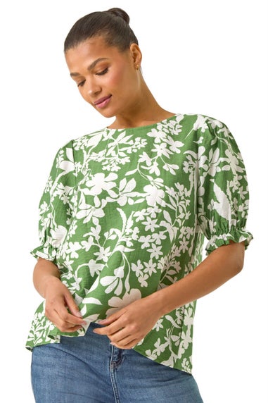 Roman Green Floral Print Puff Sleeve Top