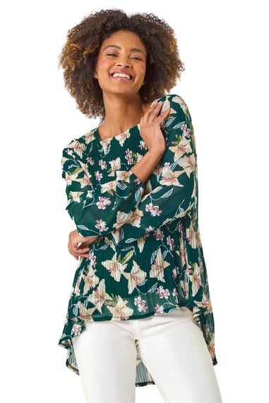 Roman Green Floral Print Pleated Tunic Top
