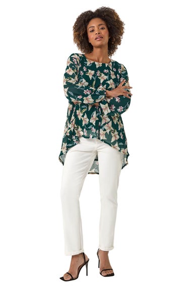 Roman Green Floral Print Pleated Tunic Top
