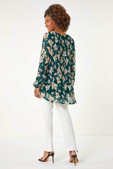 Roman Green Floral Print Pleated Tunic Top
