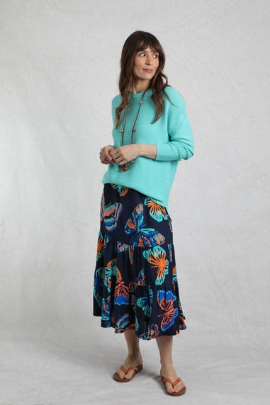 Weird Fish Dark Blue Cassis Printed Tiered Skirt