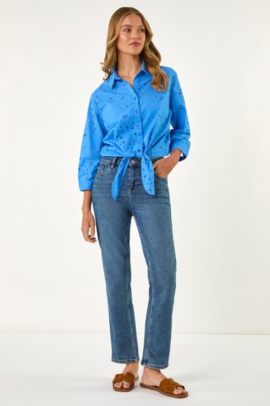 Roman Blue Broderie Tie Hem Shirt