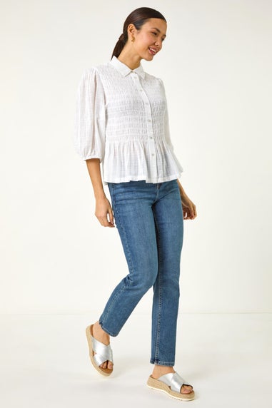 Roman Ivory Collar Shirred Button Blouse