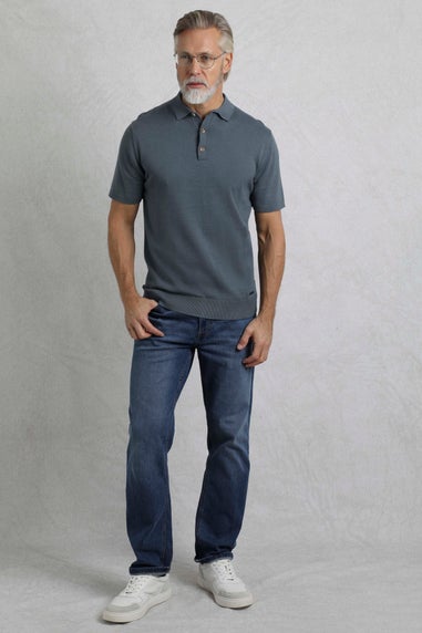 Weird Fish Grey/Blue Quentin Short Sleeve Knitted Polo Shirt