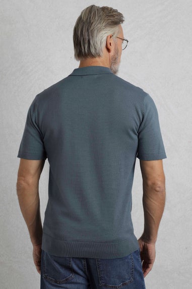Weird Fish Grey/Blue Quentin Short Sleeve Knitted Polo Shirt