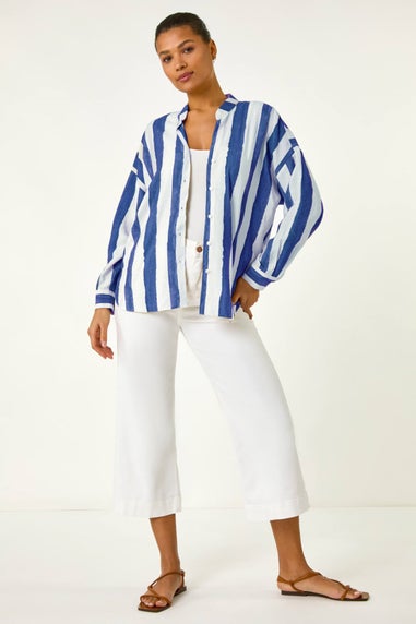 Roman Navy Stripe Print Relaxed Button Shirt
