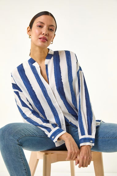 Roman Navy Stripe Print Relaxed Button Shirt