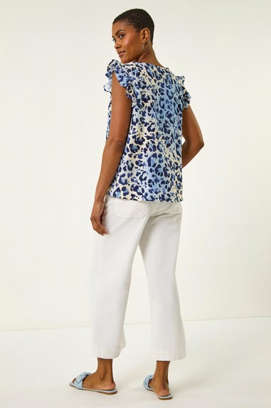 Roman Blue Animal Print Frill Sleeve Blouse