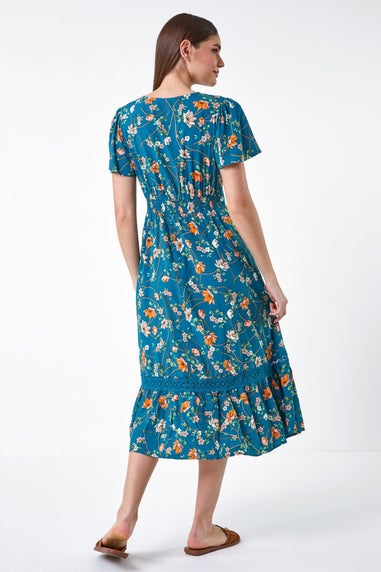 Roman Dark Green Floral Lace Trim Pocket Midi Dress