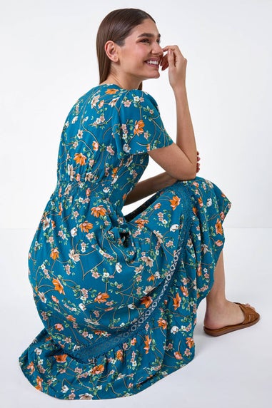 Roman Dark Green Floral Lace Trim Pocket Midi Dress