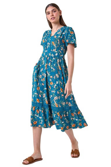 Roman Dark Green Floral Lace Trim Pocket Midi Dress