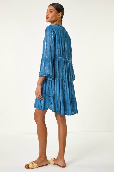 Roman Denim Shimmer Tie Detail Smock Dress
