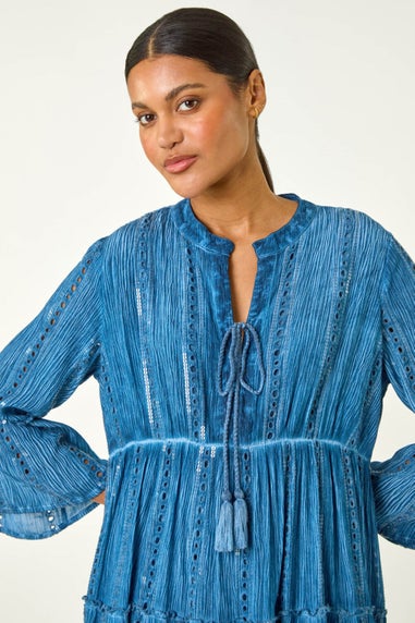 Roman Denim Shimmer Tie Detail Smock Dress